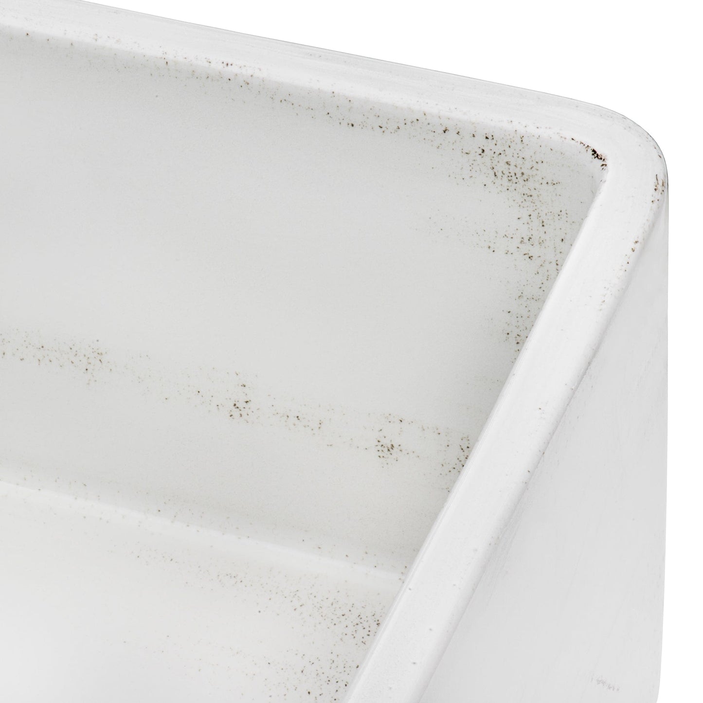 Close-up of the Ruvati Fiamma 33" Fireclay Reversible Kitchen Sink RVL2300SW showing Distressed White finish.