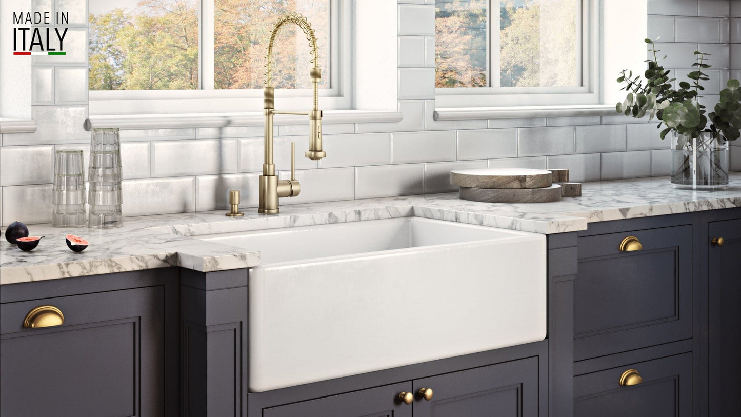 Ruvati Fiamma 33" Fireclay Kitchen Sink RVL2300WH displayed in elegant kitchen with marble countertop.