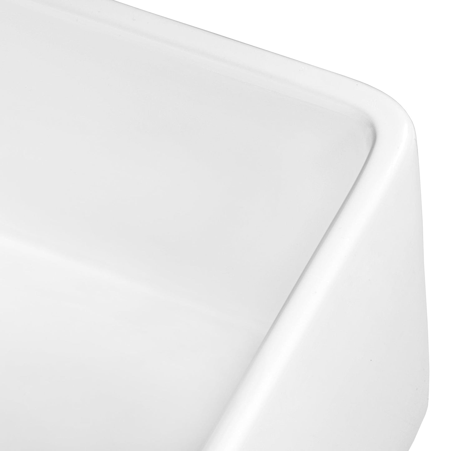 Close-up of Ruvati Fiamma 33" Fireclay Kitchen Sink RVL2300WH, showcasing its elegant design and craftsmanship.