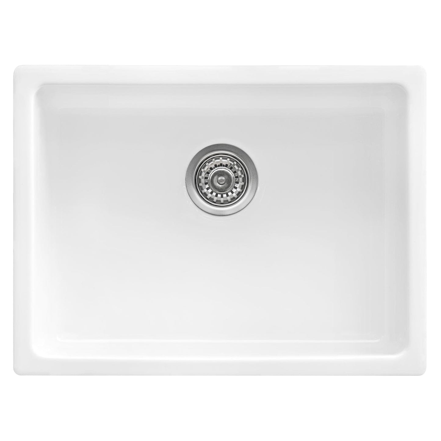 Ruvati Fiamma 24" Fireclay Topmount Kitchen Sink RVL2420WH top view of white kitchen sink with drain.
