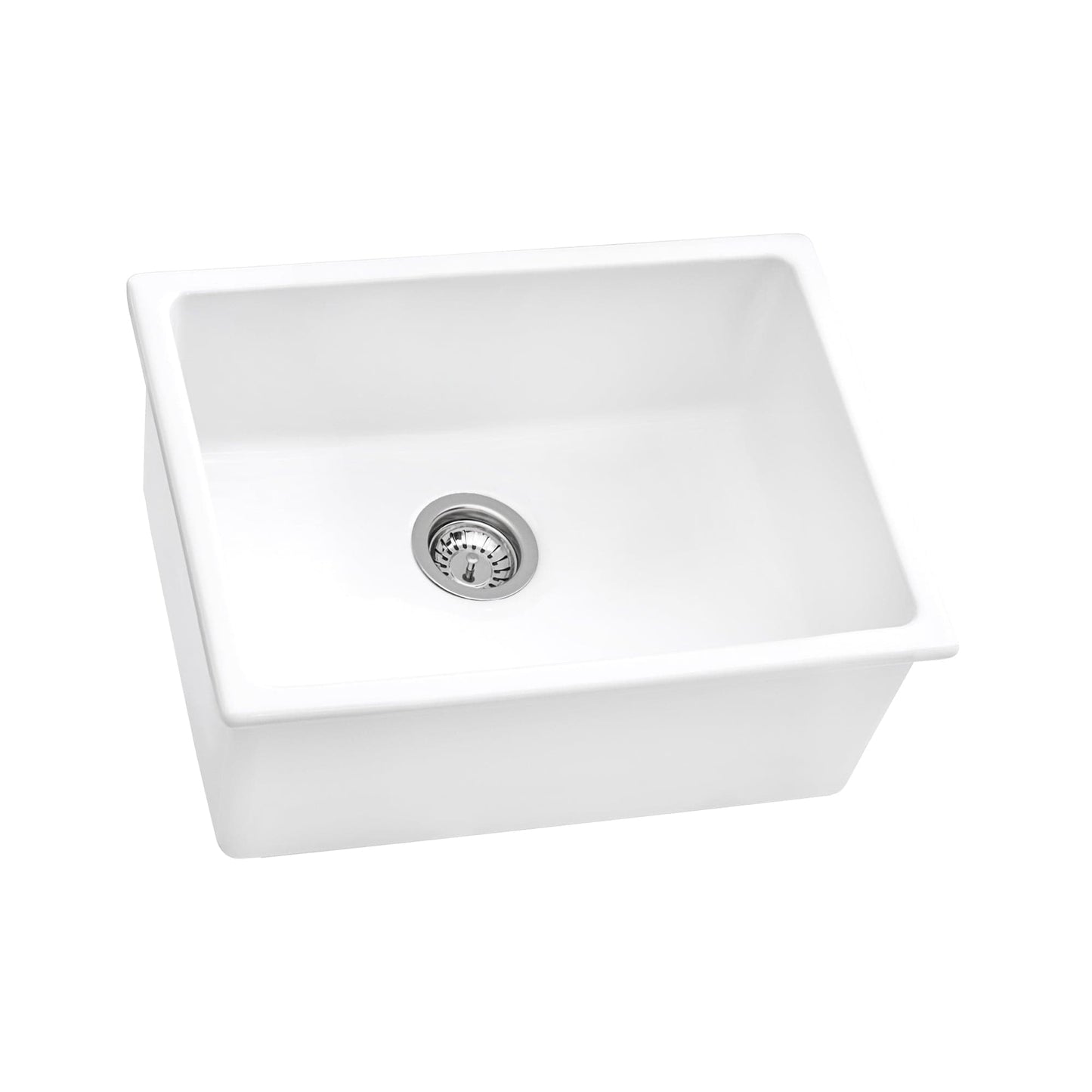 Ruvati Fiamma 24" Fireclay Topmount Kitchen Sink RVL2420WH in white with deep basin and drain.