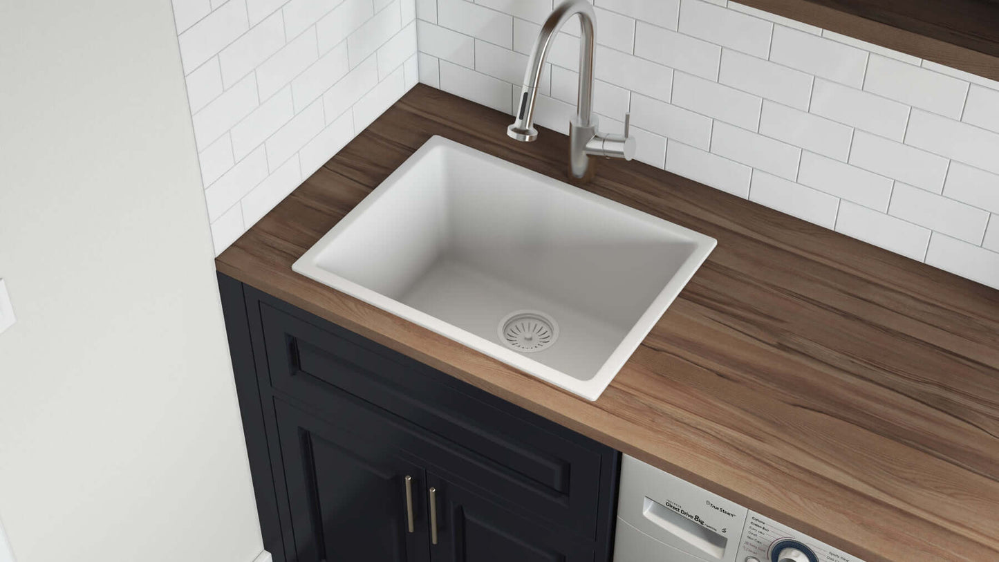 Ruvati Fiamma 24" Fireclay Topmount Kitchen Sink RVL2420WH in a modern kitchen countertop setting.