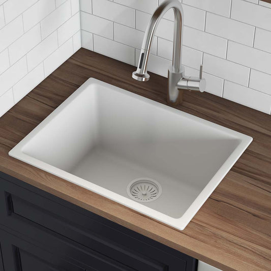 Ruvati Fiamma 24" Fireclay Topmount Kitchen Sink RVL2420WH with sleek white finish in modern kitchen setting.