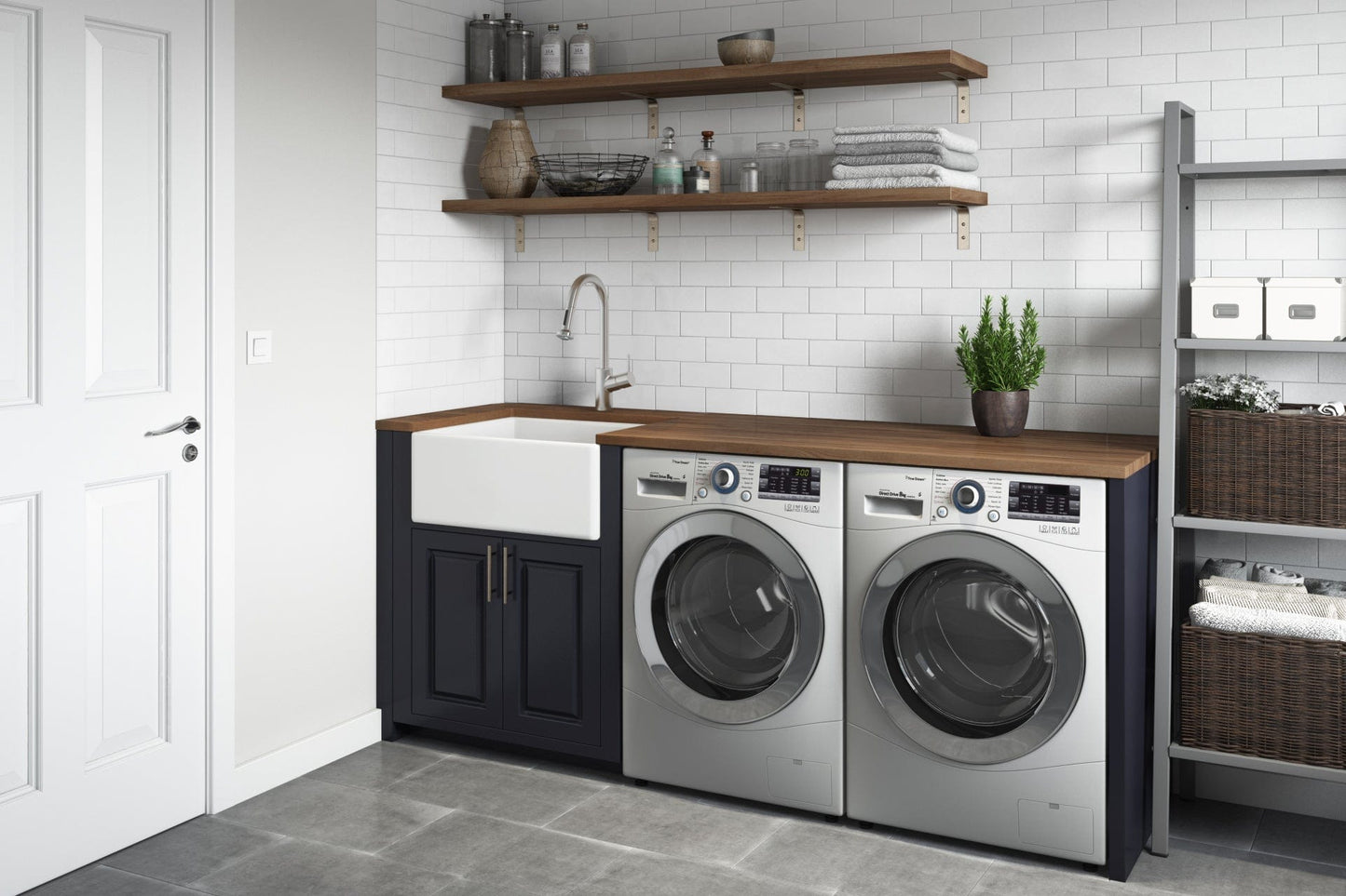 Ruvati Fiamma 23" Fireclay Kitchen Laundry Utility Sink RVL2468WH in modern laundry room with appliances.