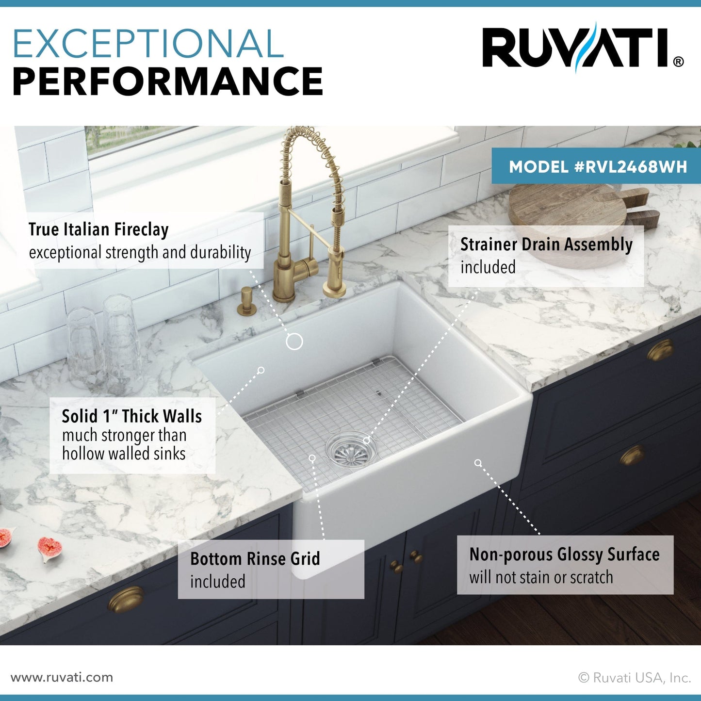 Ruvati Fiamma 23" Fireclay Kitchen Laundry Utility Sink RVL2468WH with strainer and grid features.