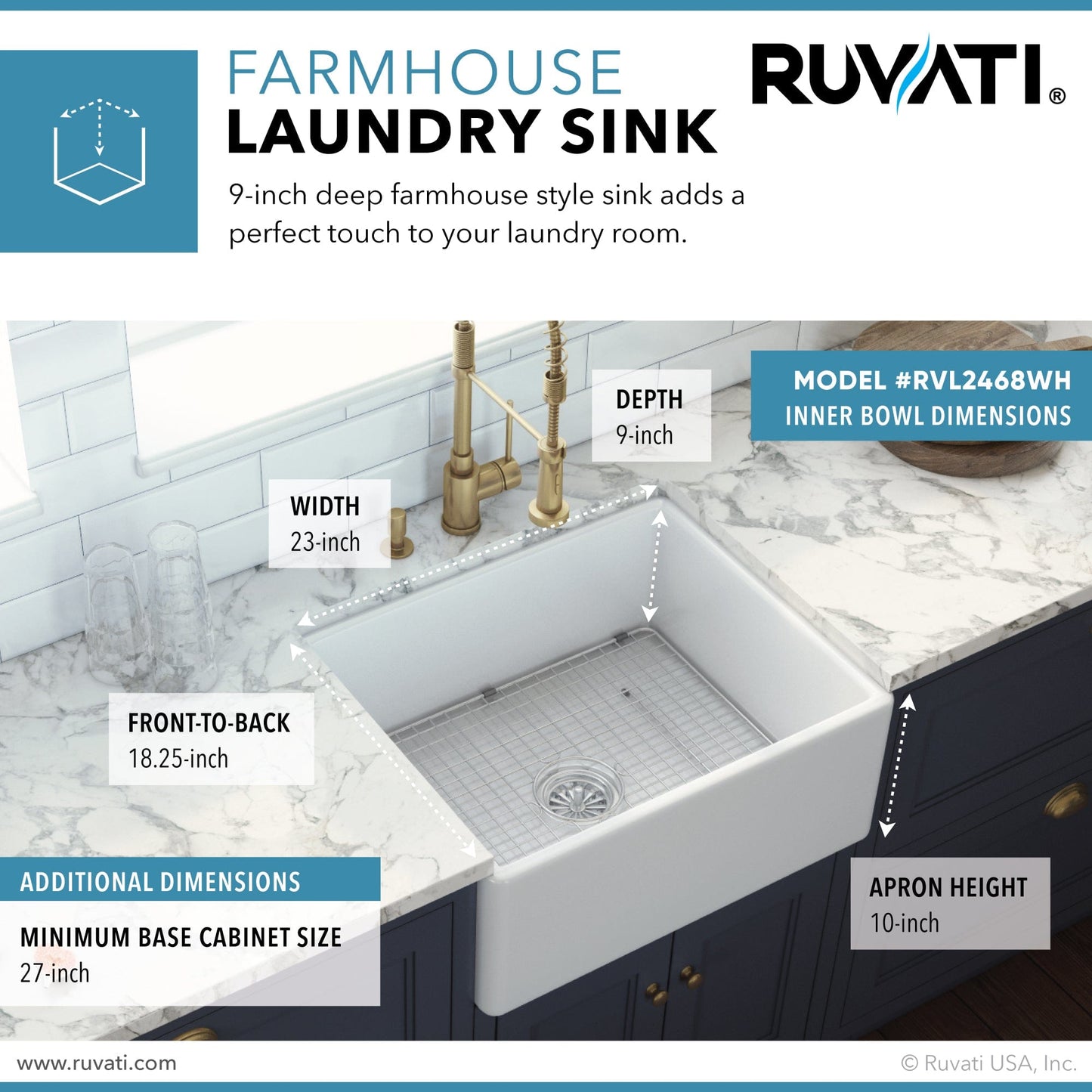 Ruvati Fiamma 23" Fireclay Kitchen Laundry Utility Sink RVL2468WH dimensions and features diagram.