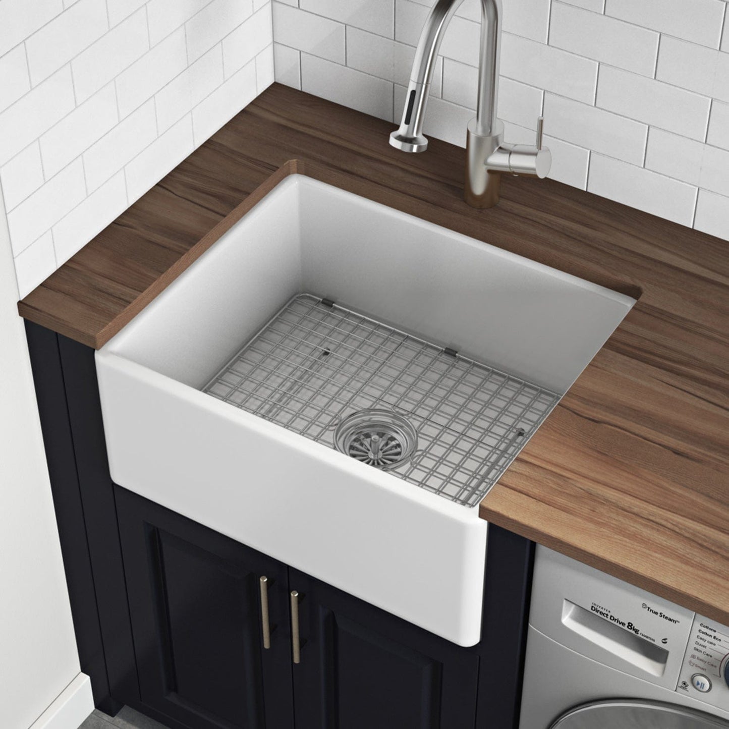Ruvati Fiamma 23" Fireclay Kitchen Laundry Utility Sink RVL2468WH with wooden countertop and modern faucet.
