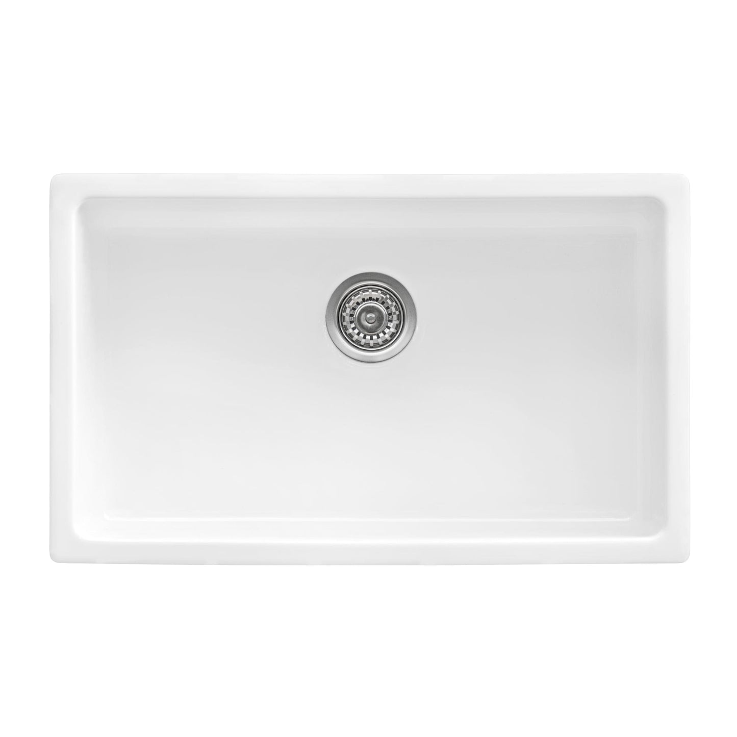 Ruvati Fiamma 30" Fireclay Kitchen Sink RVL3030WH top view with a polished chrome drain.