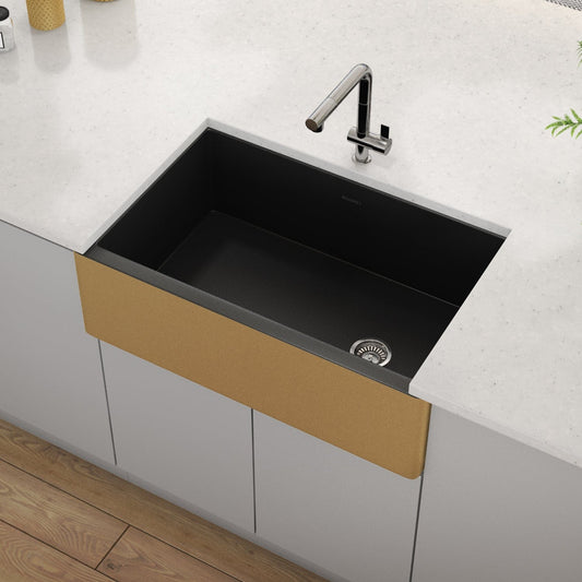 Ruvati Fiamma 30" Modern Single Bowl Fireclay Kitchen Sink RVL4018GRG in Matte Black and Brushed Gold.