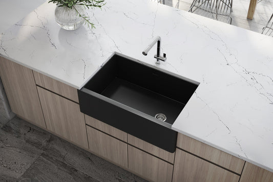 Ruvati Fiamma 30" Modern Offset Drain Fireclay Kitchen Sink RVL4018MBK in a modern kitchen setup