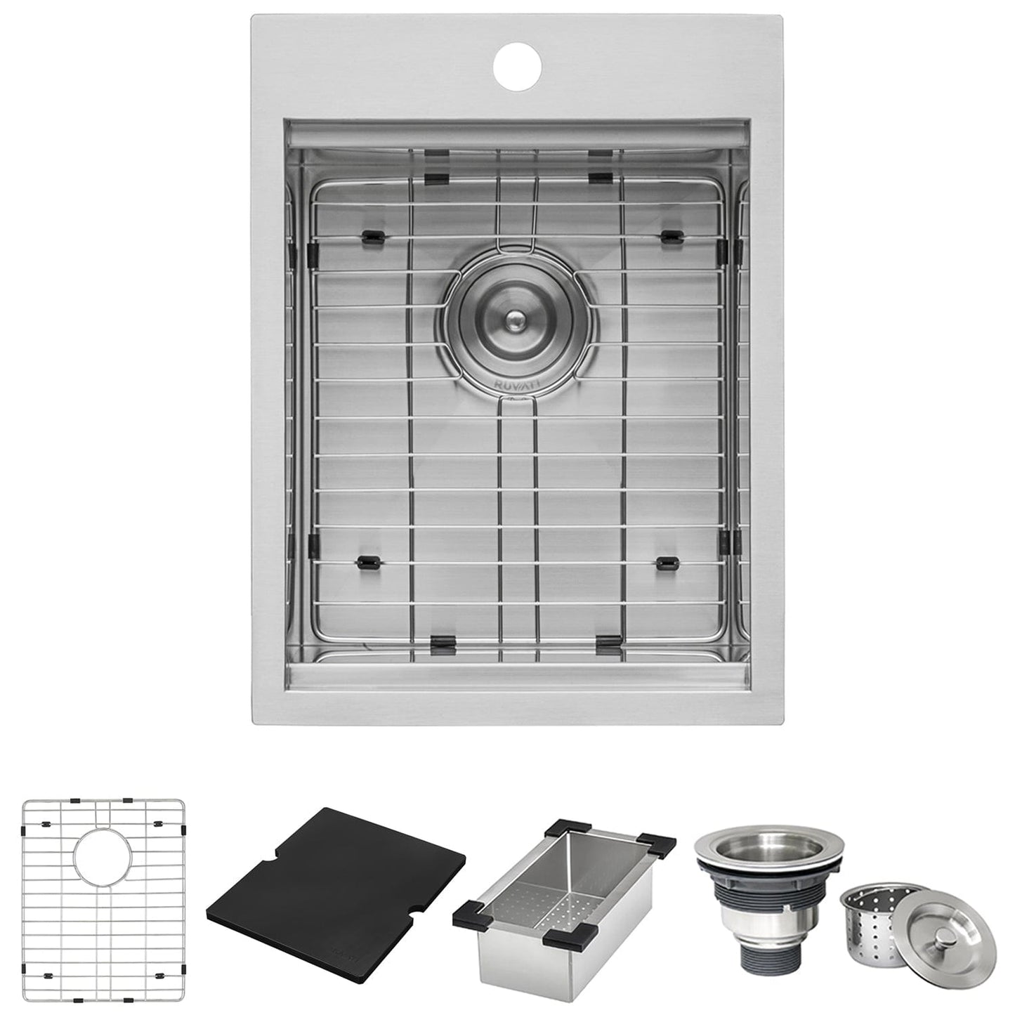 Ruvati Merino 15" Marine Grade Workstation RV Boat Outdoor Sink RVQ5210 with accessories and grid.