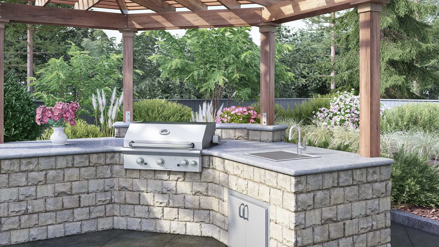 Ruvati Merino 15" Marine Grade Workstation RV Boat Outdoor Sink RVQ5215 in a stylish outdoor kitchen setting.