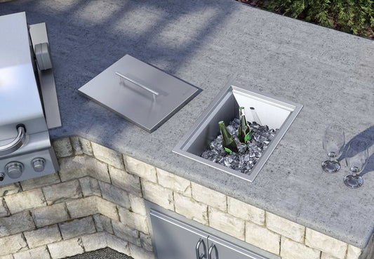 Ruvati Insulated Ice Chest Sink 15" BBQ Marine Grade Outdoor Sink RVQ6215 with drinks in ice.
