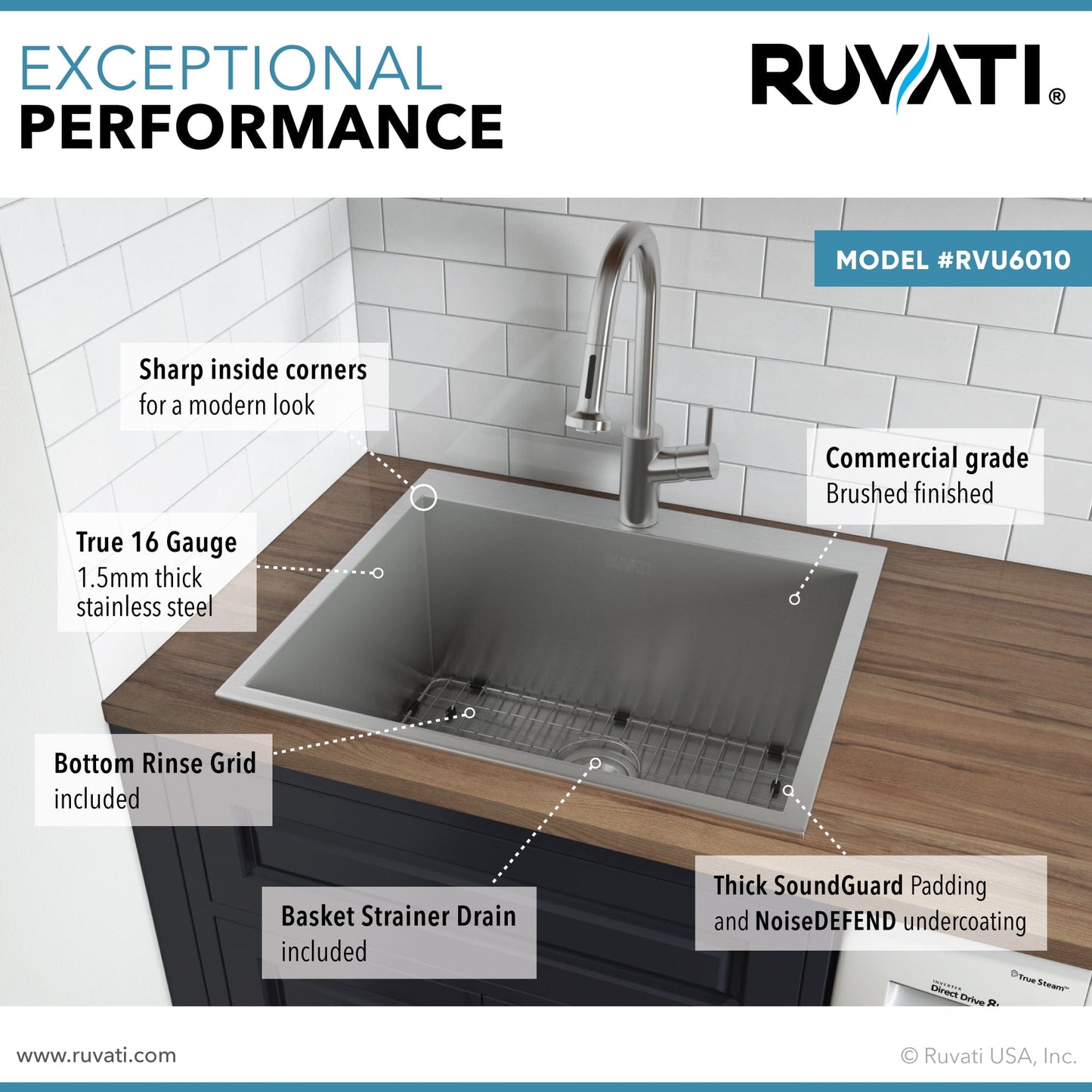 Ruvati Forma 25" Stainless Steel Laundry Utility Sink RVU6010 features along with commercial grade brushed finish.