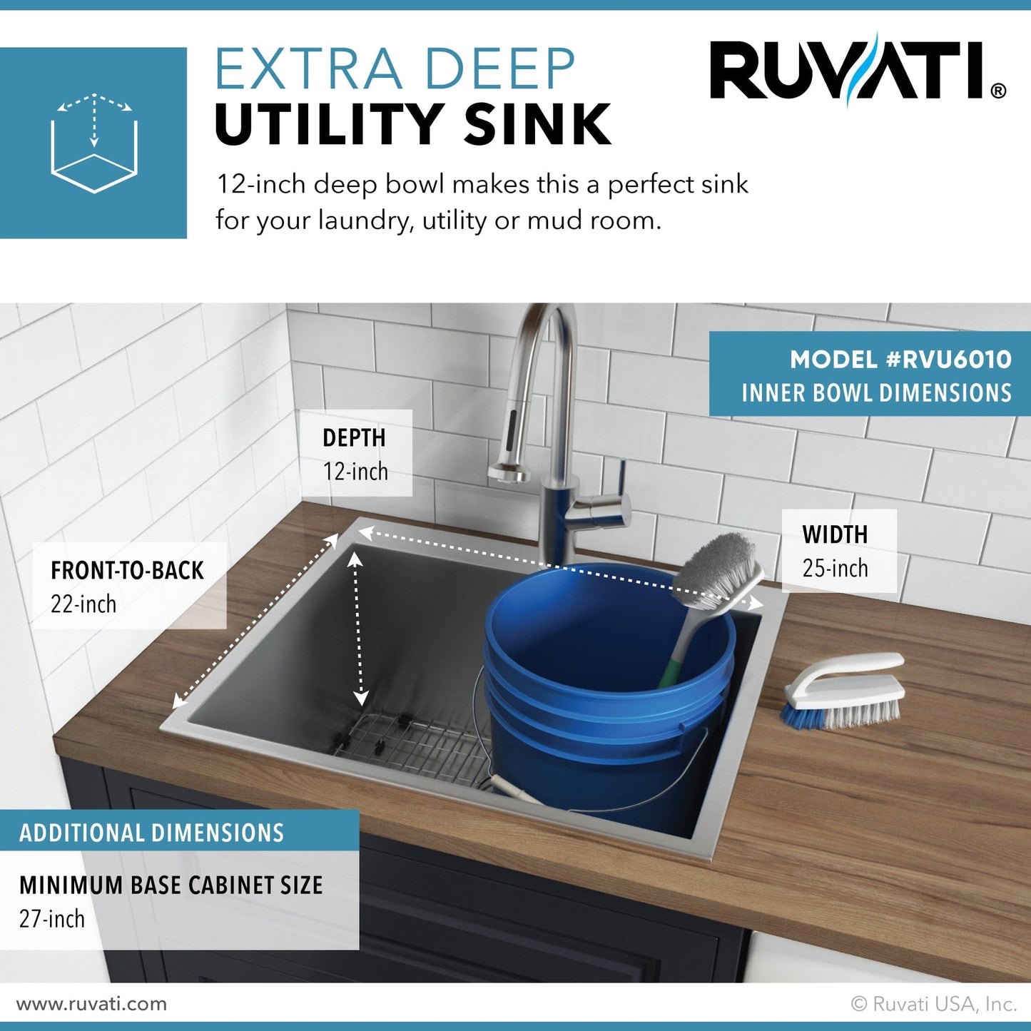 Ruvati Forma 25" Stainless Steel Laundry Utility Sink RVU6010 with 12-inch deep bowl and dimensions for laundry room
