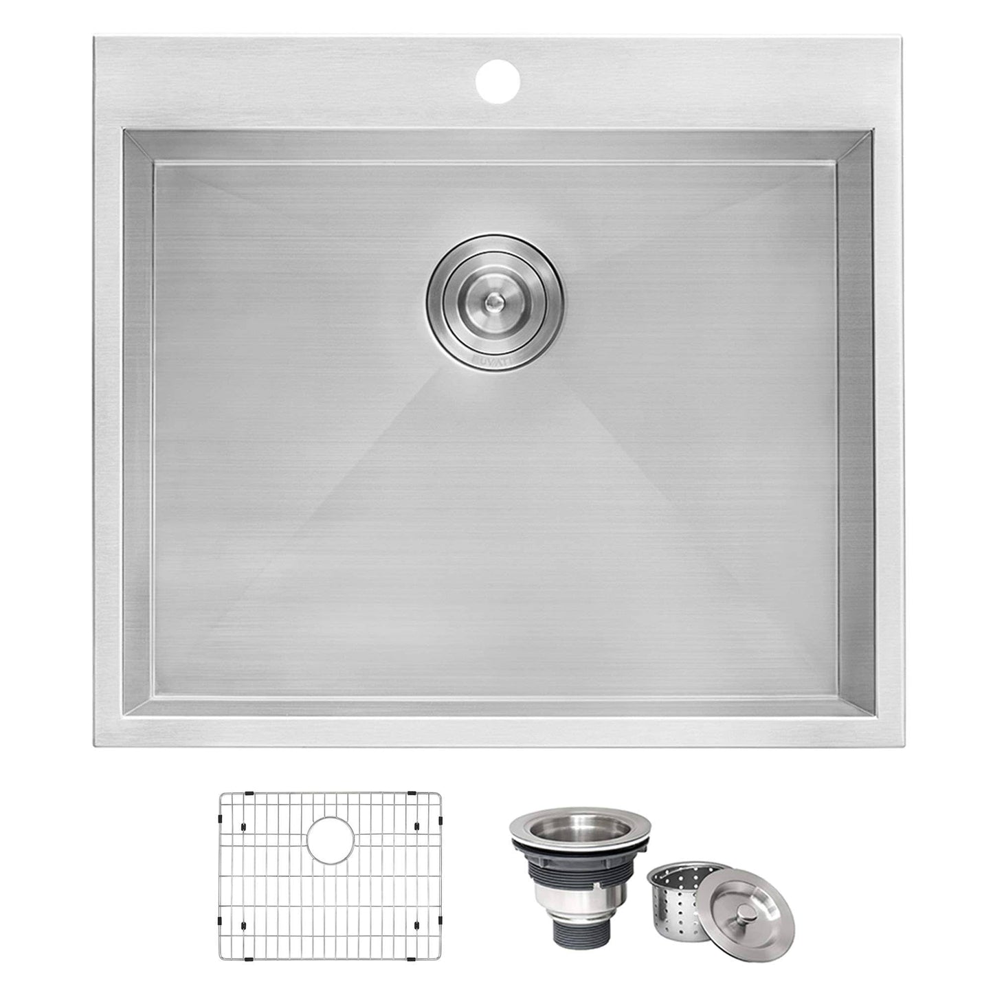 Ruvati Forma 25" Stainless Steel Laundry Utility Sink RVU6010 with accessories and grid.