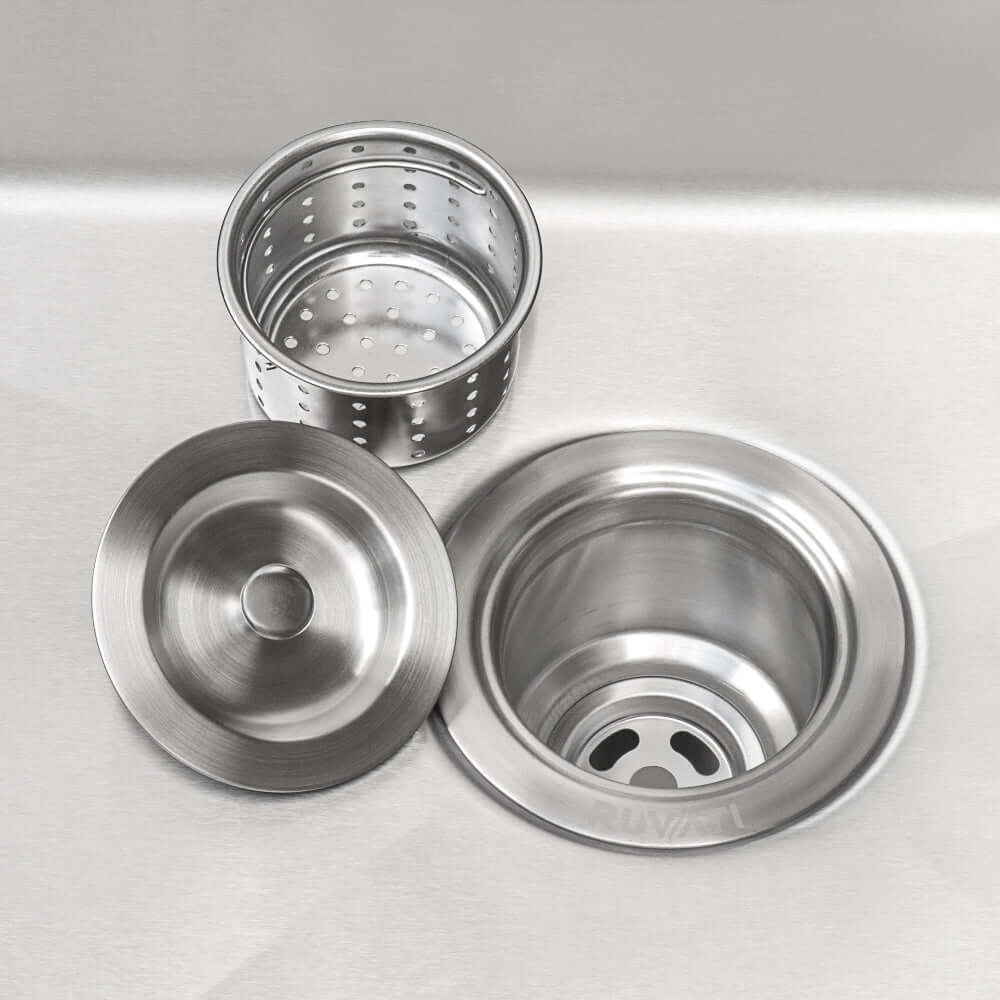 Ruvati Forma 25" Stainless Steel Laundry Utility Sink RVU6010 accessories including strainer and drain components.