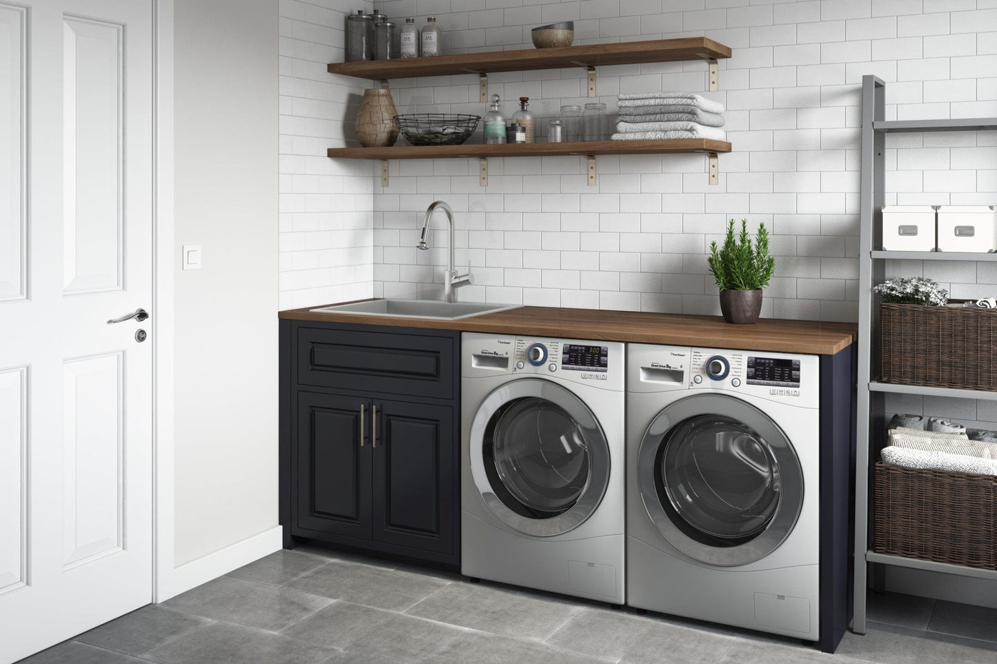 Ruvati Forma 25" Stainless Steel Laundry Utility Sink RVU6010 in modern laundry room design with washing machines.