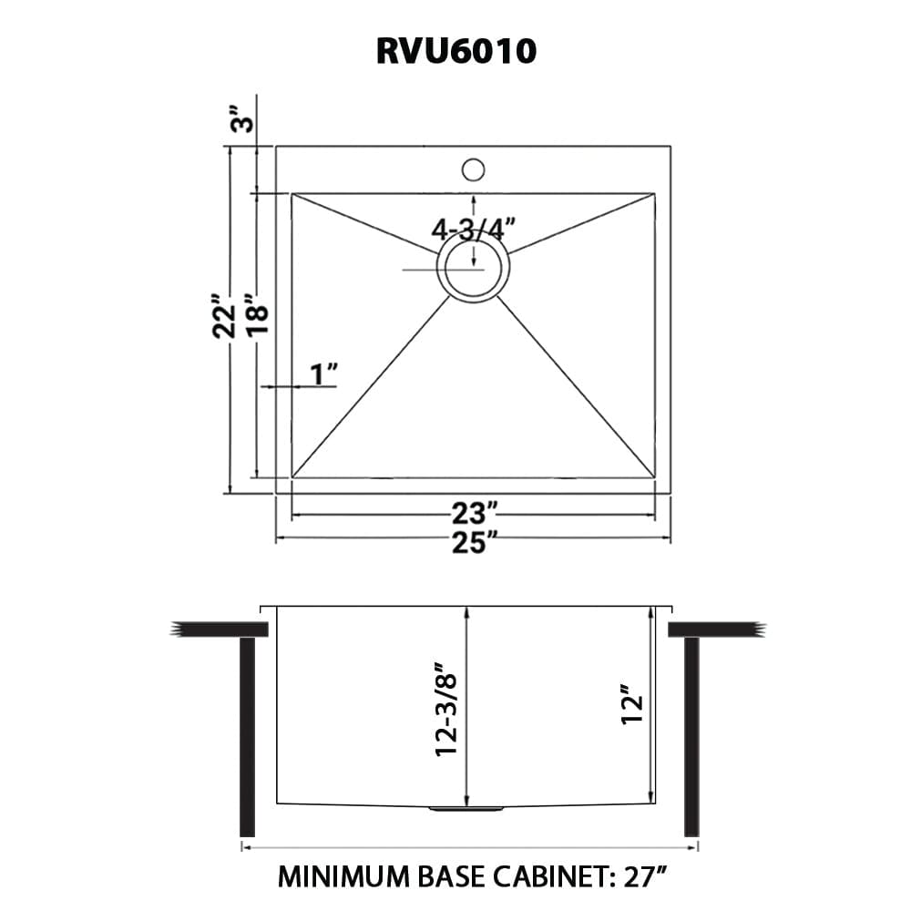 Ruvati Forma 25" Stainless Steel Laundry Utility Sink RVU6010 dimensions and specifications diagram