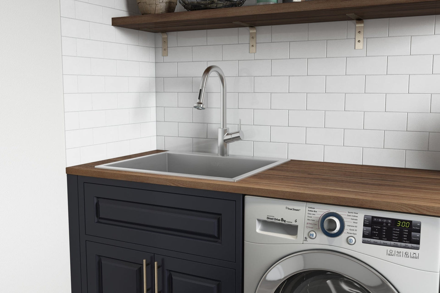 Ruvati Forma 22" Stainless Steel Laundry Deep Utility Sink RVU6022 on a modern countertop with a washing machine.