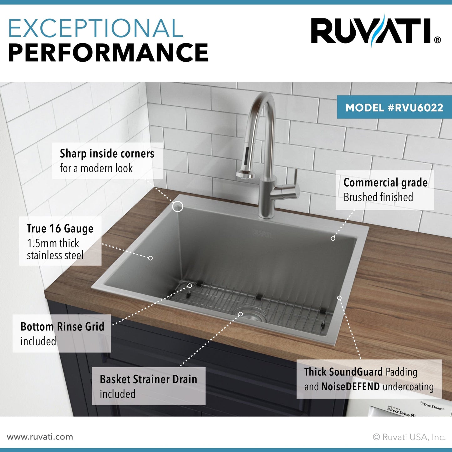 Ruvati Forma 22" Stainless Steel Laundry Deep Utility Sink RVU6022 with modern features and brushed finish.