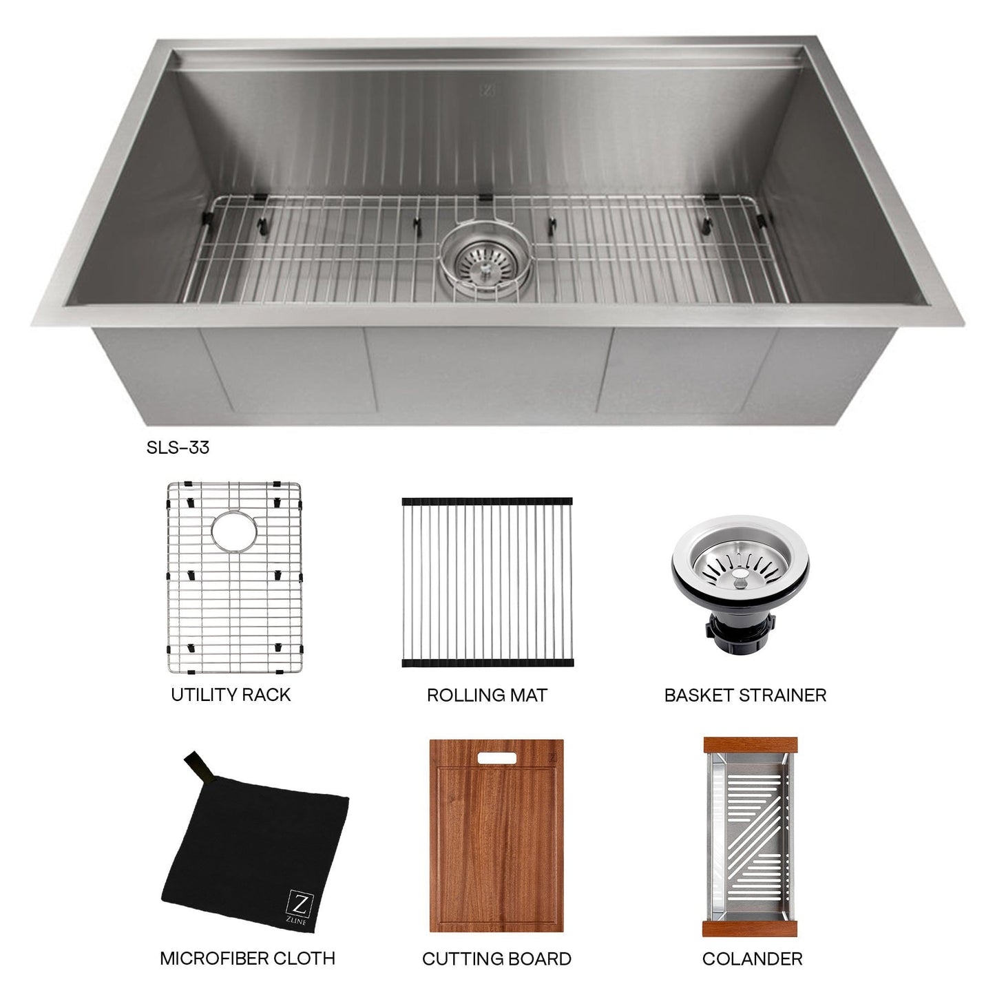ZLINE Garmisch 33" Undermount Single Bowl Sink in Stainless Steel with Accessories (SLS-33) with utility rack and cutting board.