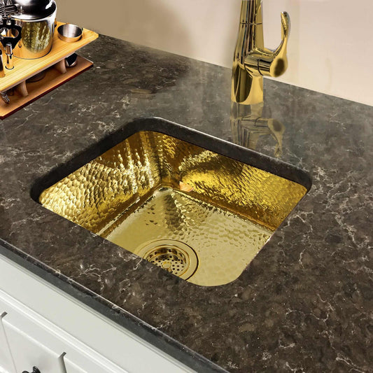 Nantucket 16.625" Hand-Hammered Brass Bar Sink SQRB-7 installed in elegant dark countertop.