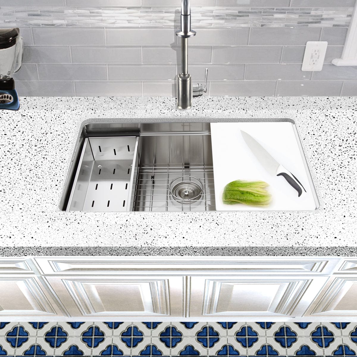 Nantucket 30" Pro Series Prep Station Kitchen Sink SR-PS-3018-16 with cutting board and vegetables on countertop.