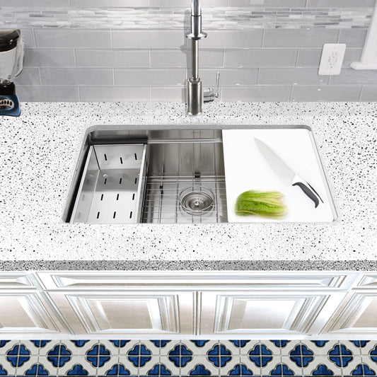 Nantucket 30" Pro Series Prep Station Kitchen Sink SR-PS-3018-16 with cutting board and vegetables on countertop.
