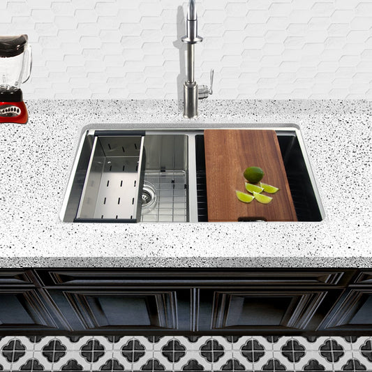 Nantucket 32" Pro Series Double Bowl Prep Station Kitchen Sink SR-PS-3219-DE-16 with cutting board and limes
