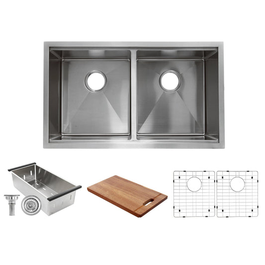 Nantucket 32" Pro Series Double Bowl Prep Station Kitchen Sink SR-PS-3219-DE-16 with accessories and grid racks.