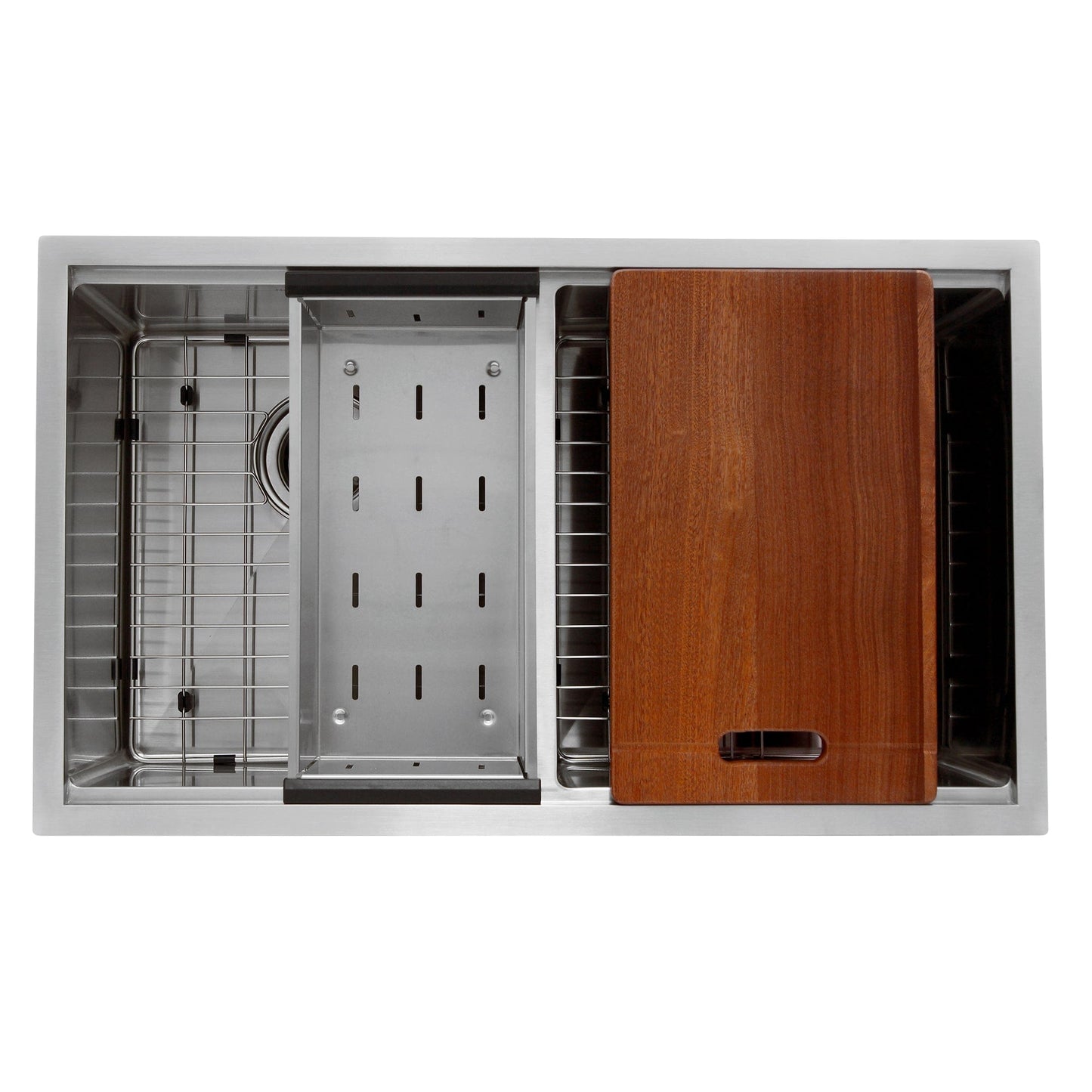 Nantucket 32" Pro Series Double Bowl Prep Station Kitchen Sink SR-PS-3219-DE-16 with accessories and wooden cutting board.