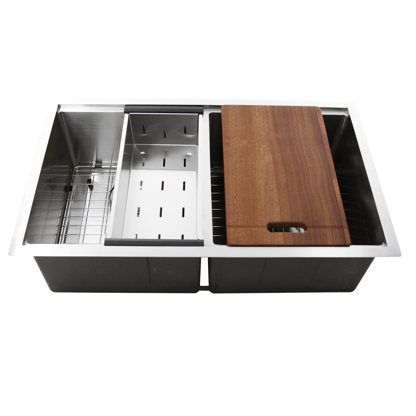 Nantucket 32" Pro Series Double Bowl Prep Station Kitchen Sink SR-PS-3219-DE-16 featuring dual basins and a cutting board.