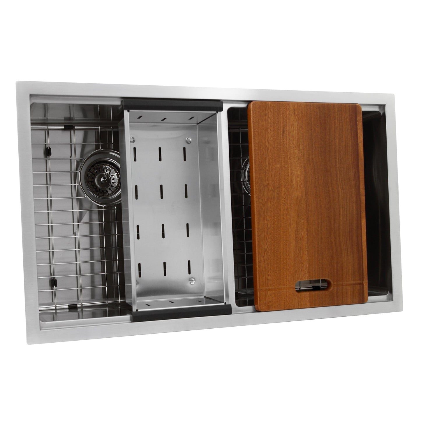 Nantucket 32" Pro Series Double Bowl Prep Station Kitchen Sink SR-PS-3219-DE-16 with wood cutting board and stainless steel design.