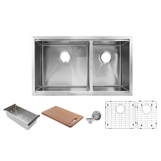 Nantucket 32" Pro Series Offset Double Bowl Prep Station Kitchen Sink SR-PS-3219-OS-16 with accessories