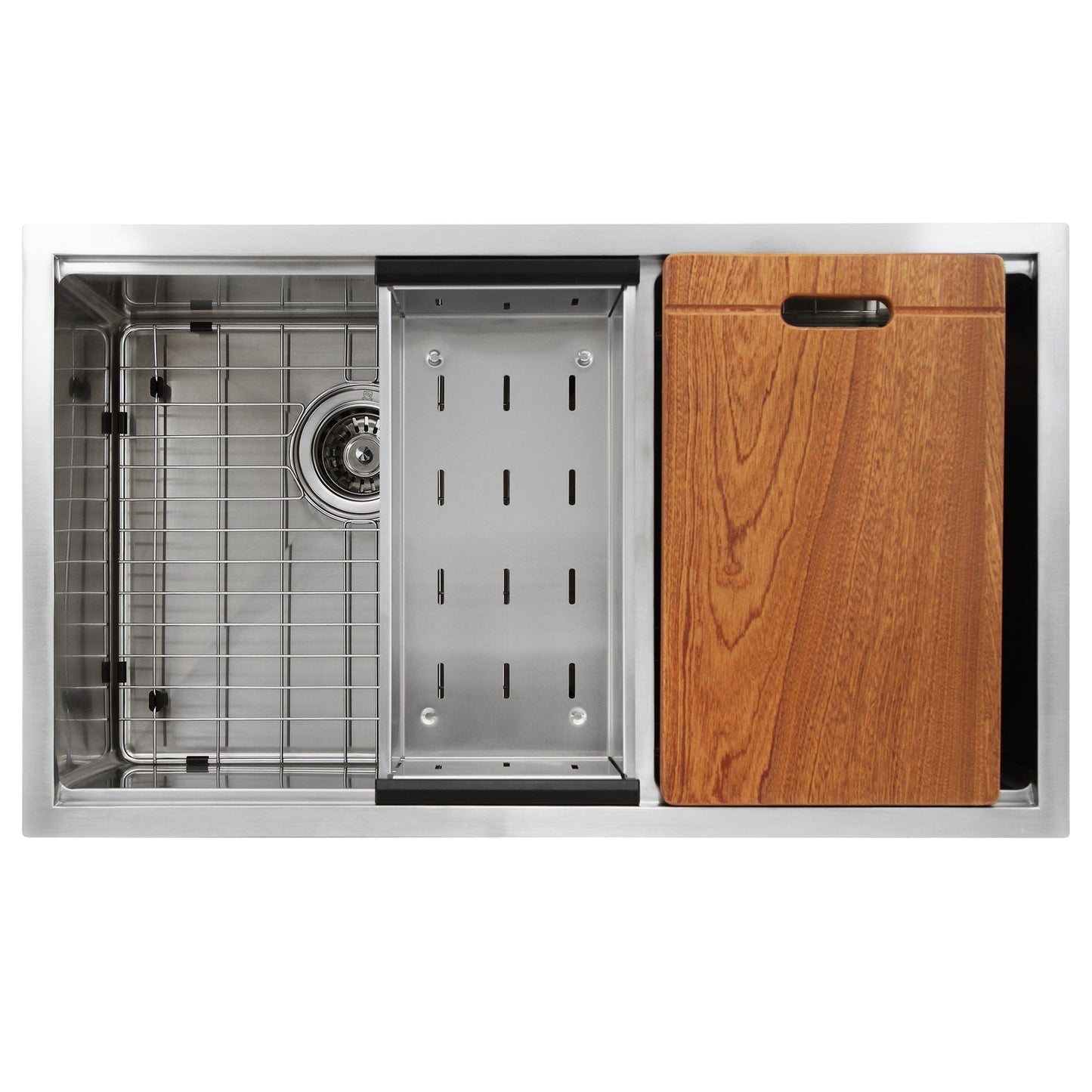 Nantucket 32" Pro Series Offset Double Bowl Prep Station Kitchen Sink SR-PS-3219-OS-16 with wood cutting board and stainless steel design.