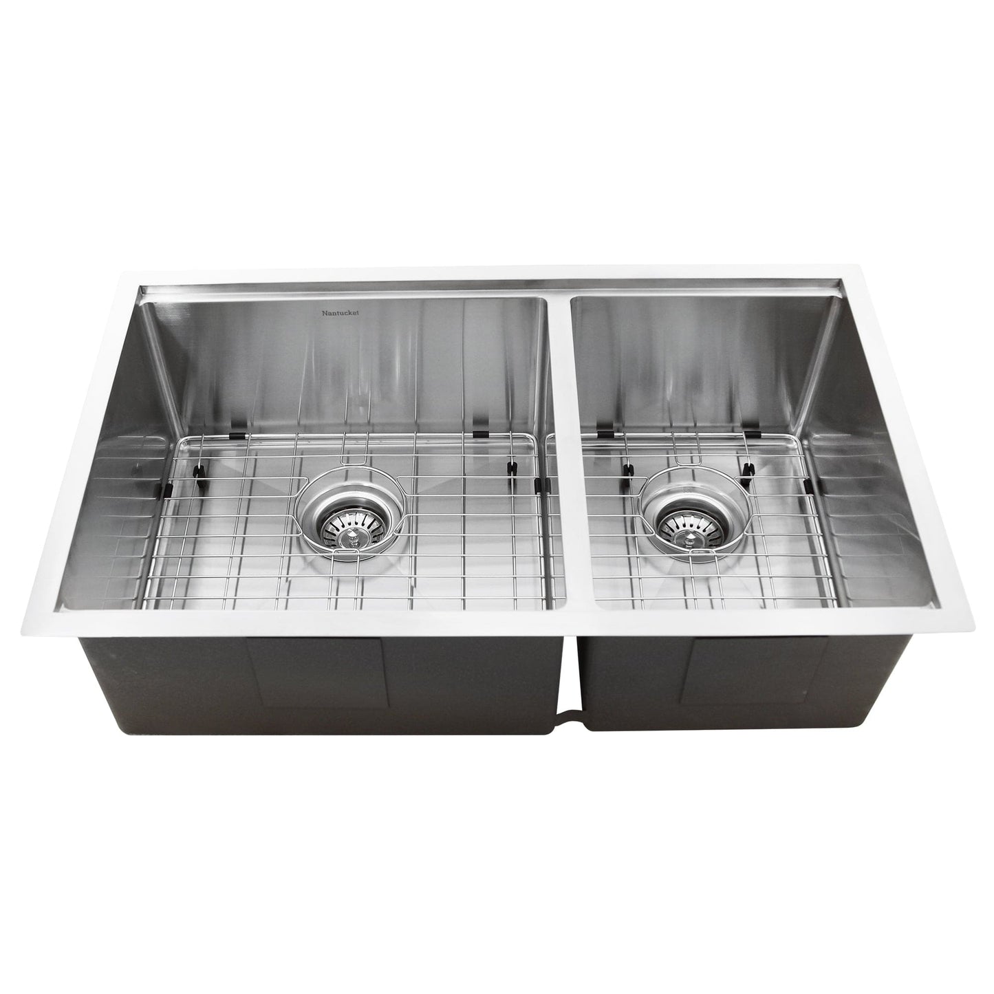 Nantucket 32" Pro Series Offset Double Bowl Prep Station Kitchen Sink SR-PS-3219-OS-16 with dual stainless steel bowls.