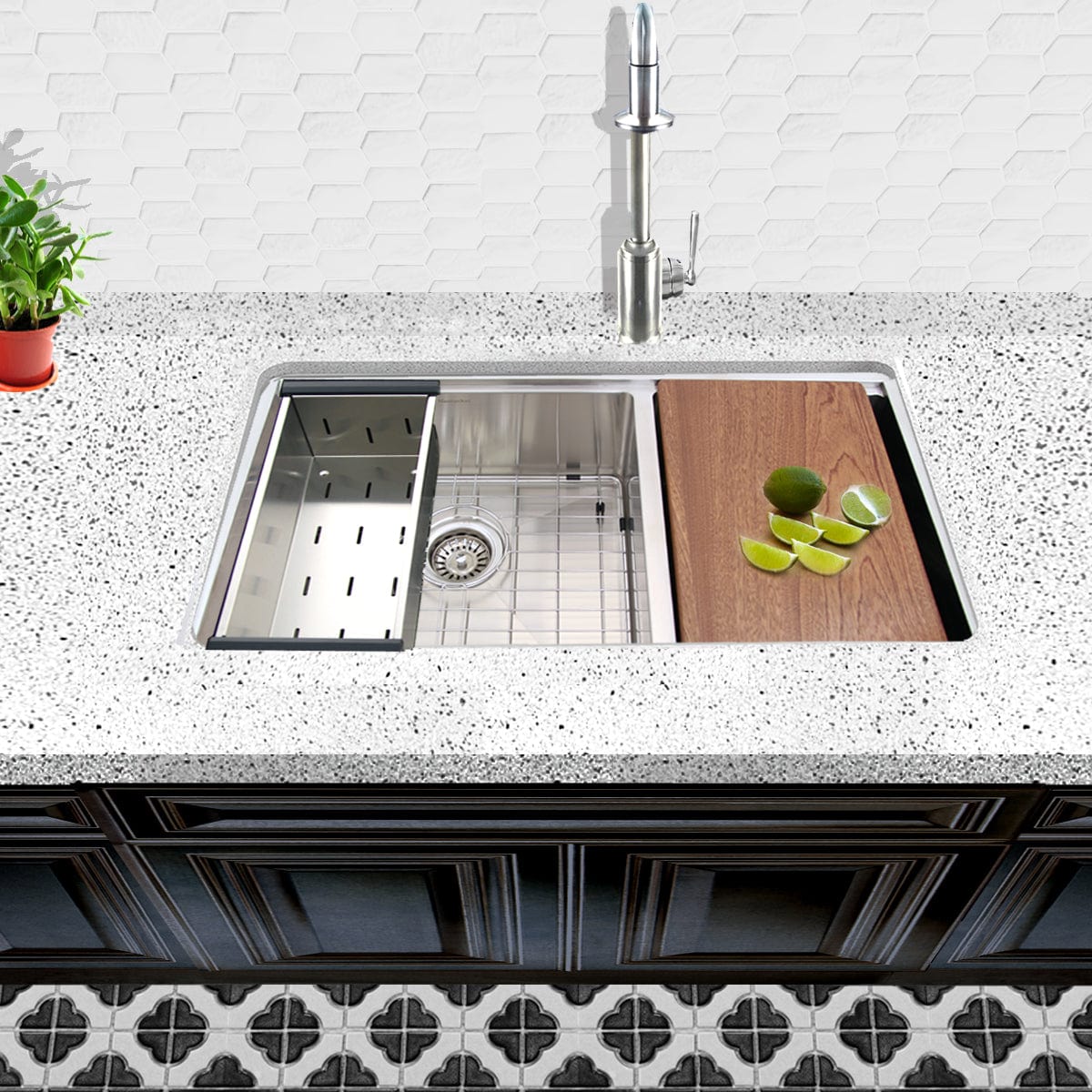 Nantucket 32" Pro Series Offset Double Bowl Prep Station Kitchen Sink SR-PS-3219-OS-16 with cutting board and limes