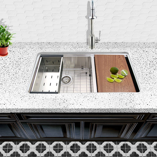 Nantucket 32" Pro Series Offset Double Bowl Prep Station Kitchen Sink SR-PS-3219-OS-16 with cutting board and limes