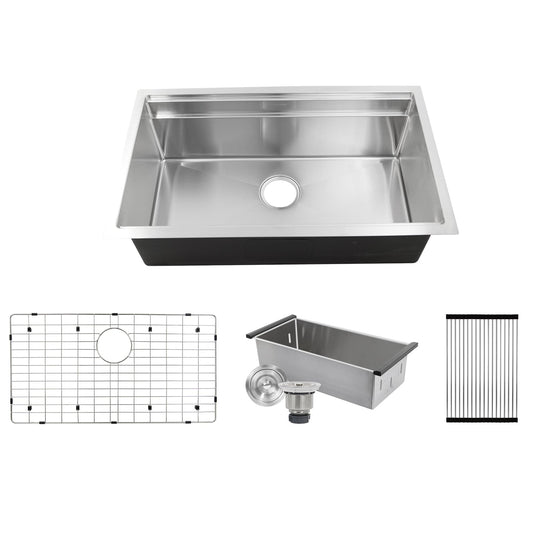 Nantucket 32" Pro Series Prep Station Kitchen Sink SR-PS-3220-16 with accessories including grid and drain assembly.