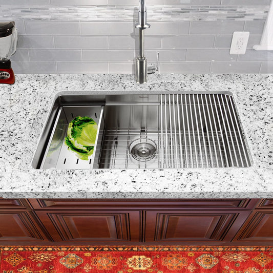 Nantucket 32" Pro Series Prep Station Kitchen Sink SR-PS-3220-16 with lettuce in an expanded bowl on a granite countertop.