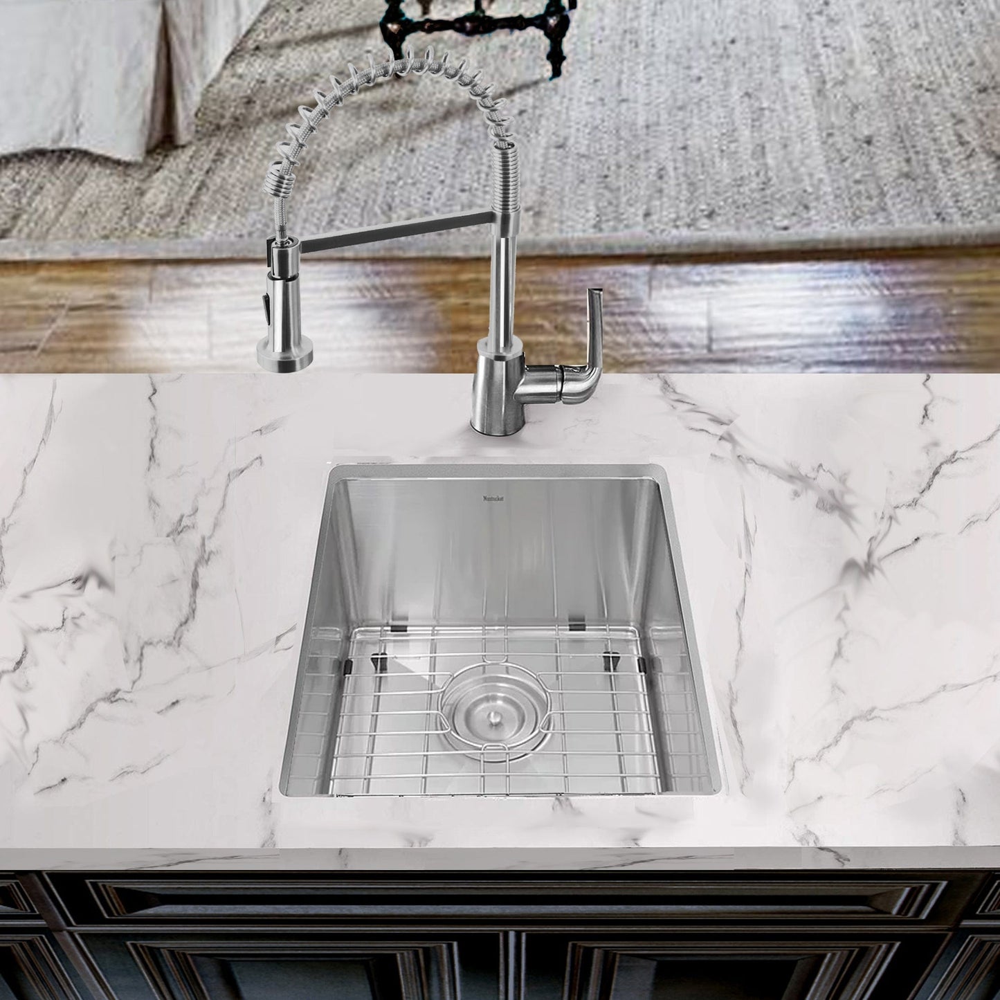 Nantucket 15" Undermount Stainless Steel Bar/Prep Sink SR1815 with modern faucet on marble countertop.