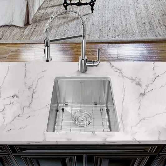 Nantucket 15" Undermount Stainless Steel Bar/Prep Sink SR1815 with modern faucet on marble countertop.