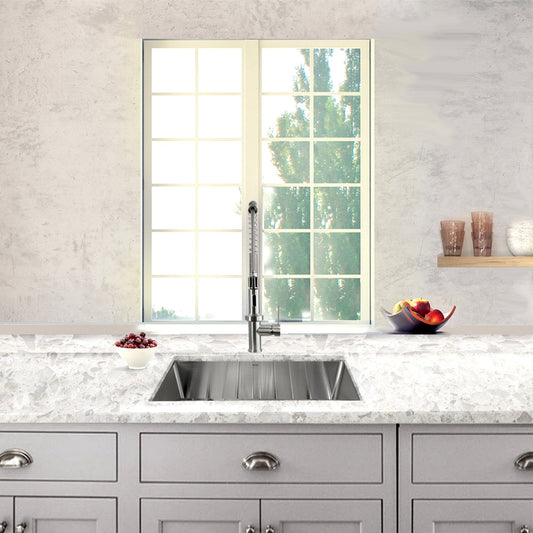 Nantucket 23" Undermount Stainless Steel Kitchen Sink SR2318-16 installed in a modern kitchen with stone countertop.