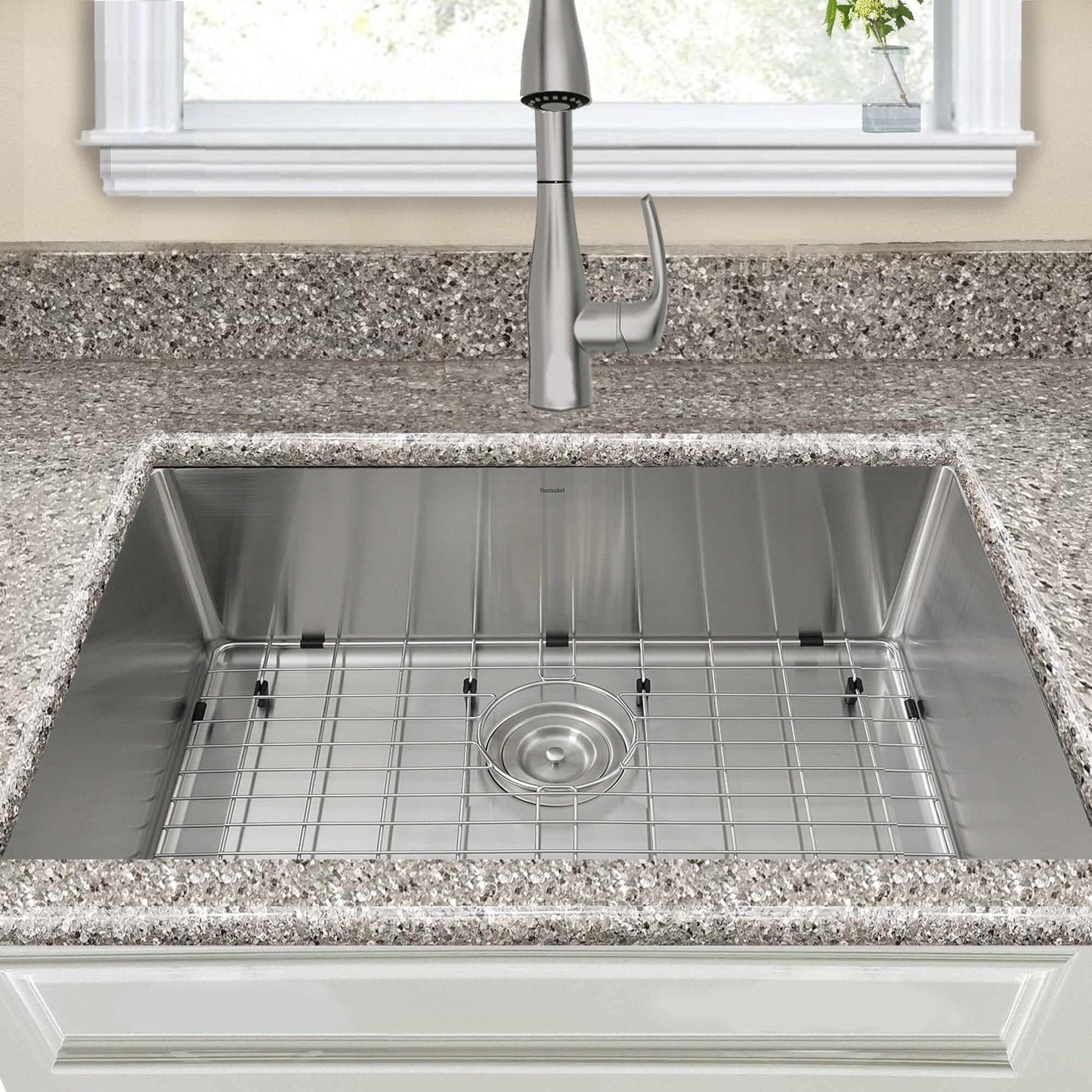 Nantucket 28" Pro Series Undermount Stainless Steel Kitchen Sink SR2818-16 installed on a granite countertop.
