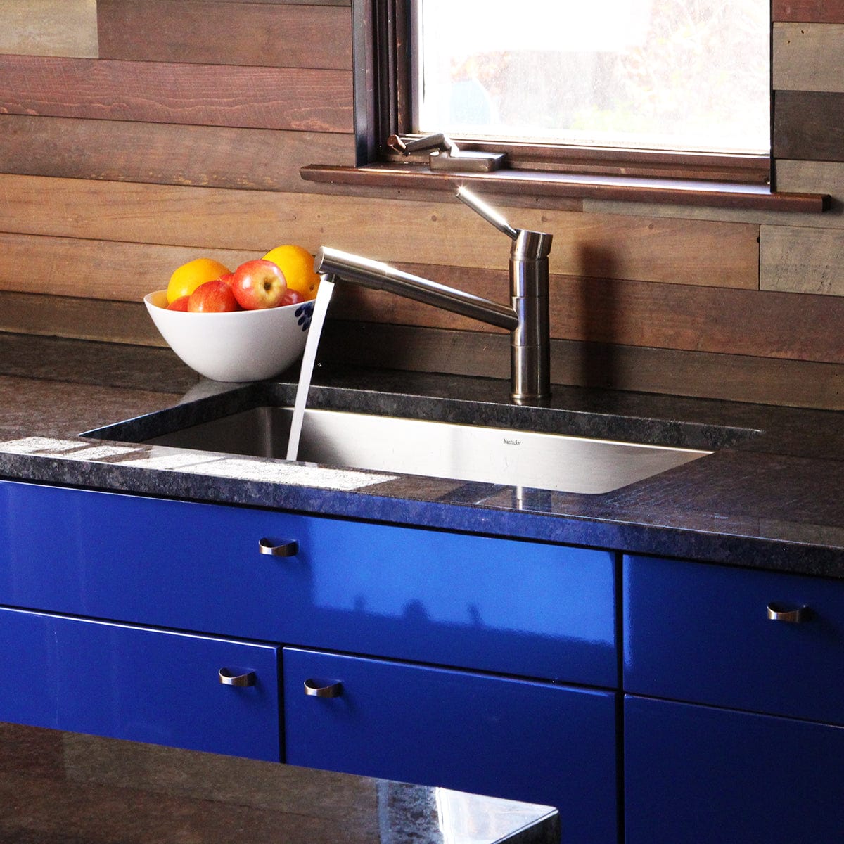Nantucket 30" Pro Series Undermount Stainless Steel Kitchen Sink SR3018 in modern kitchen with blue cabinets