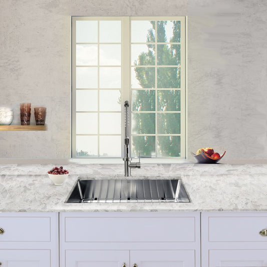 Nantucket 32" Pro Series Undermount Stainless Steel Kitchen Sink SR3218-16 in a modern kitchen setting with window view.