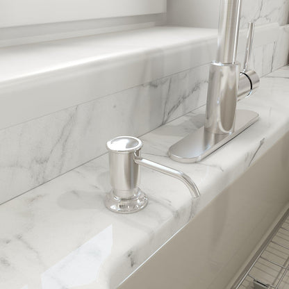 BOCCHI LESINA 2.0 Kitchen Soap Dispenser on a marble countertop beside a modern faucet.