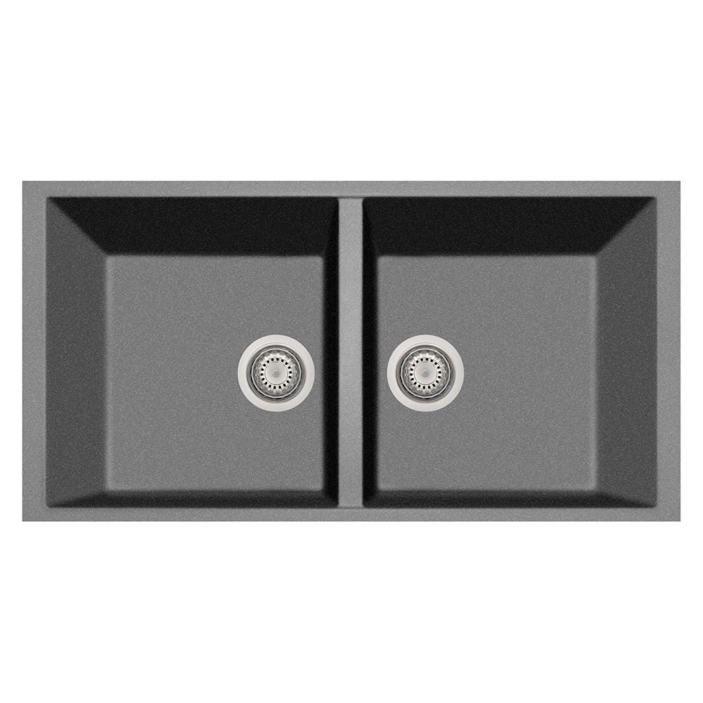 LaToscana Elegance Series 34" Undermount Double Bowl Kitchen Sink in silver front view with two drain openings.