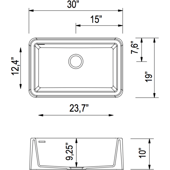 LaToscana Marmorin Series 30" Farmhouse Kitchen Sink dimensions front view with detailed measurements displayed.